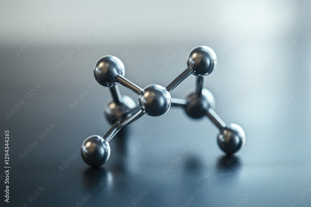 Poster A metallic molecular model rests on a dark surface, representing the structure of a molecule.