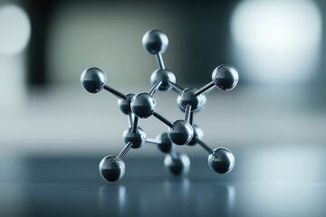 A metallic molecular model showcasing interconnected spheres, representing atomic bonds in a scientific or educational context.