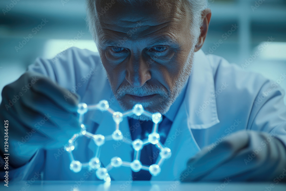 Poster a senior scientist meticulously examines a molecular model in a cutting-edge laboratory setting.