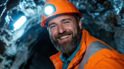 Cheerful Mining Worker Emerging From Underground Tunnel in Helmet