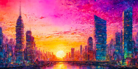 Vibrant Sunset over Futuristic Cityscape.