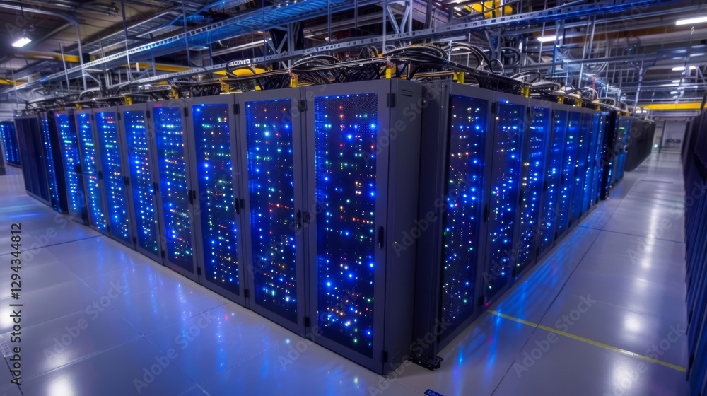 Aufkleber A modern server room filled with rows of illuminated server racks creating a vibrant atmosphere, indicative of high capacity data processing and storage operations.