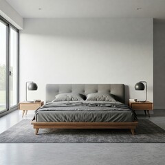 A contemporary bedroom, light and spacious, with minimalist decor.