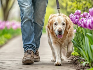 Golden Retriever Walking with Retriever Leash in Nature