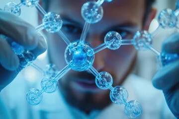 Scientist examining a molecular model, focusing on the intricate structure of atoms and bonds.