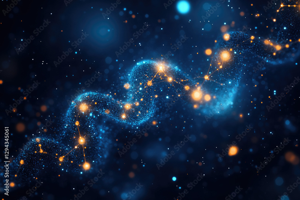 Poster Abstract cosmic swirl with glowing particles and interconnected constellations in a dark space.