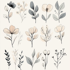 A collection of hand-drawn floral vector elements, soft pastel tones, botanical elegance, perfect for wedding invitations and artistic compositions. 