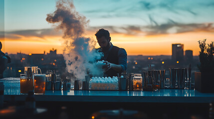 A rooftop bar at sunset with bartenders using molecular gastronomy techniques to create drinks, featuring specialized equipment like smoke infusers and spherification tools, with a cityscape 
