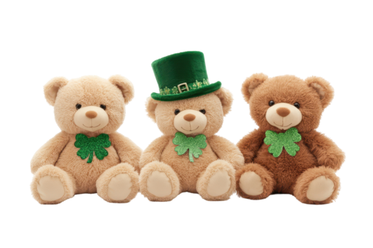 St. Patrick's Day Teddy Bears: A trio of charming teddy bears, adorned with clover details, including one sporting a festive green top hat, celebrate the spirit of St. Patrick's Day.