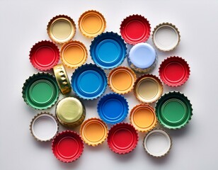 colored bottle caps on a white background