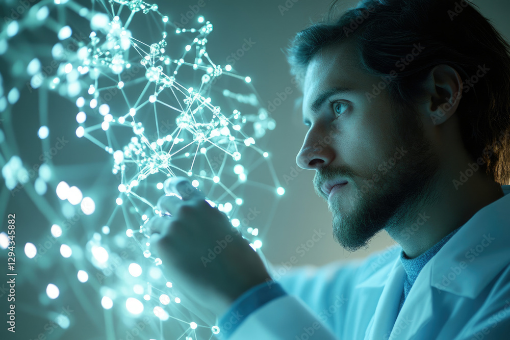 Poster a scientist examines a glowing network, representing complex data connections and scientific breakth