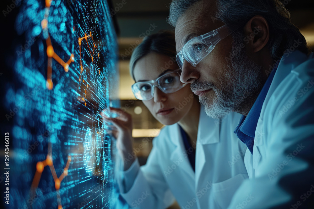 Poster Two scientists collaborate, analyzing complex data on a large interactive screen, immersed in research and discovery.