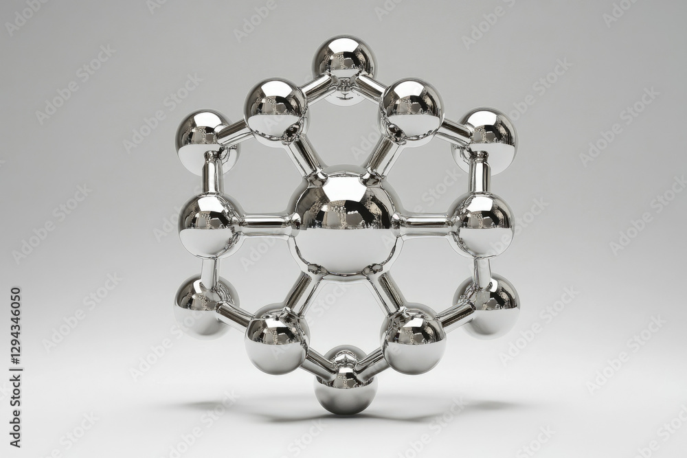 Poster a 3d model of a metallic molecule, showcasing interconnected spheres representing atoms.