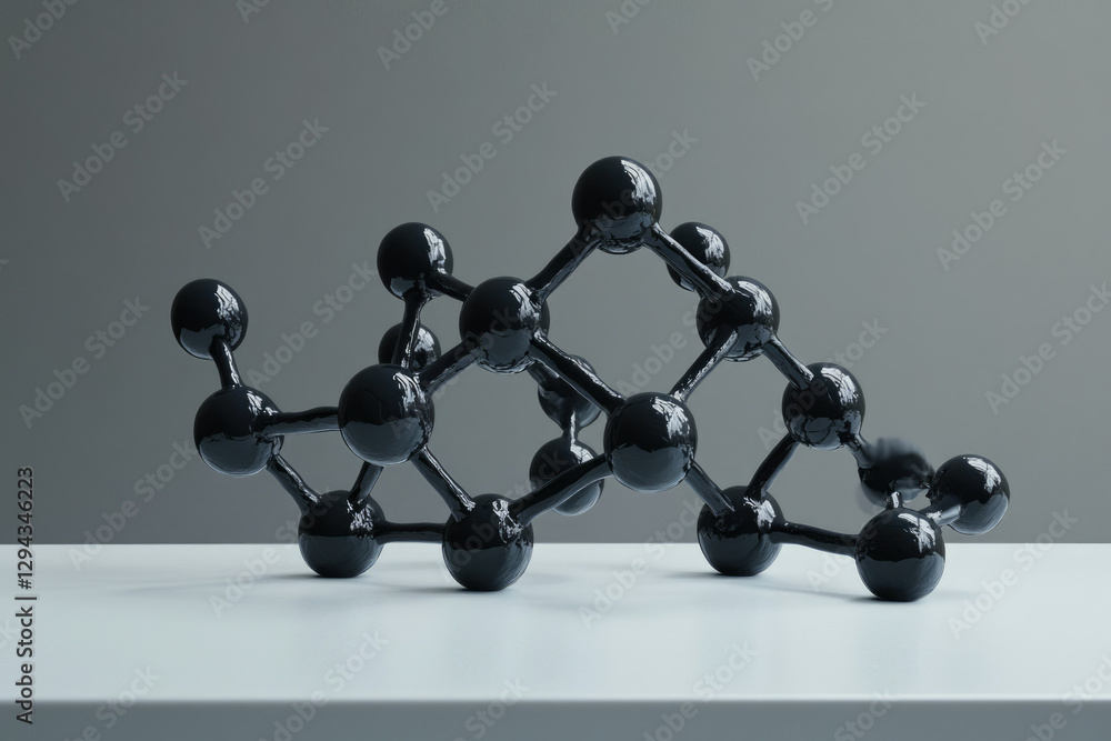 Poster A 3D model of a complex molecule, showcasing interconnected black spheres, representing atomic bonds and structure.