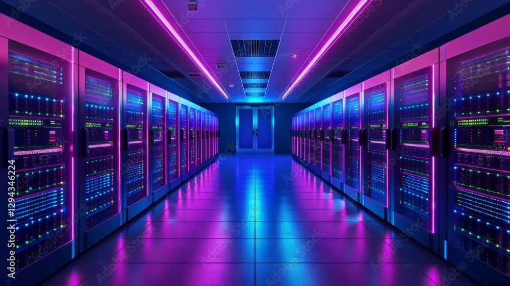 Poster A futuristic data center is highlighted with server racks adorned by vibrant neon lights. The illuminated space creates a dynamic atmosphere ideal for technology and innovation.