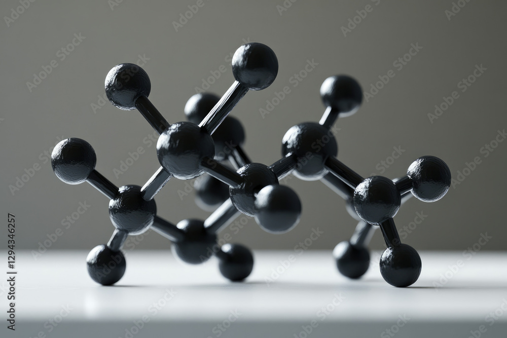 Poster a 3d model of a molecule, showcasing interconnected black spheres representing atoms and bonds.