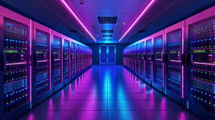 A futuristic data center is highlighted with server racks adorned by vibrant neon lights. The illuminated space creates a dynamic atmosphere ideal for technology and innovation.