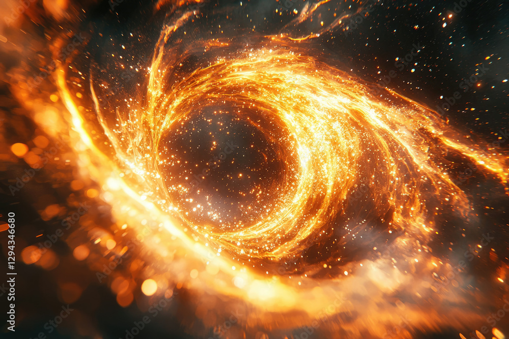 Poster a swirling vortex of fiery energy, cosmic dust and bright sparks creating a mesmerizing celestial sp