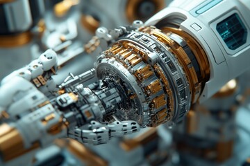 Fototapeta premium Close-up of intricate robotic machinery, showcasing complex gears and mechanisms in metallic detail.