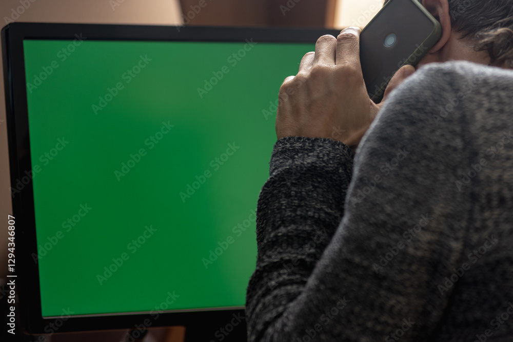 Poster Man having problem with internet connection calling to tech support. Man using a smartphone to make a call while sitting in front of a computer, viewed from behind with a chromakey screen
