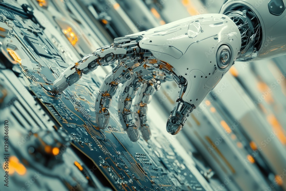 Poster a robotic hand interacts with a circuit board, showcasing advanced technology and automation in the 