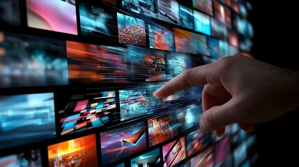 Seamless digital of a dynamic futuristic holographic multimedia gallery with fingers gliding across a vibrant colorful interactive display interface