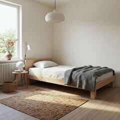 A contemporary bedroom, light and spacious, with minimalist decor.