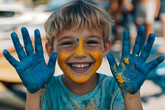 Smiling young boy showing painted hands with vibrant yellow and blue