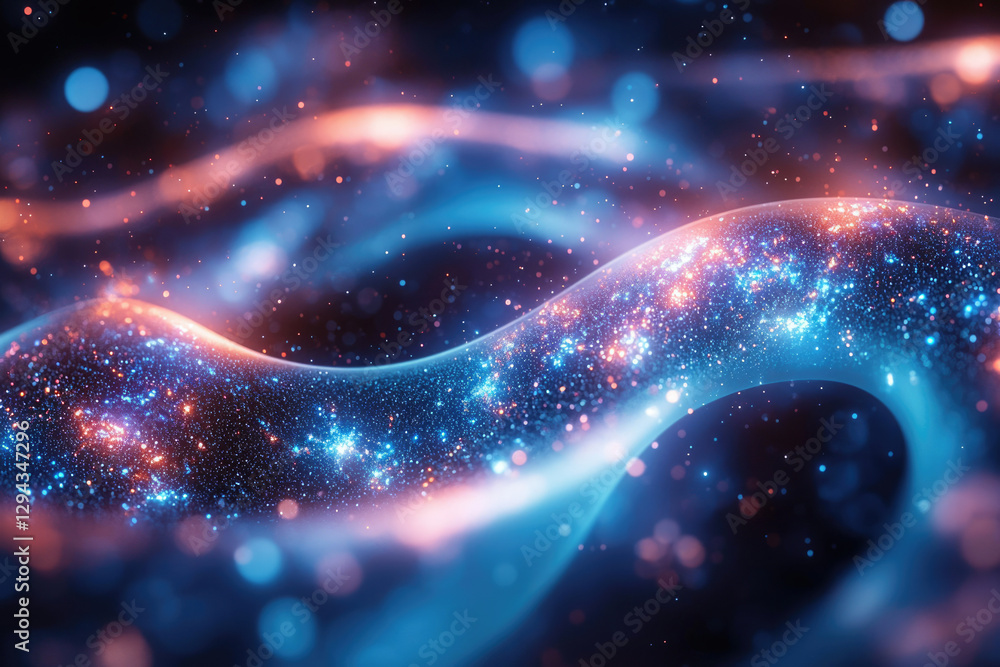 Poster glowing blue and orange particles flow in a wavy, abstract pattern, resembling cosmic energy or a ne