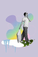 Vertical sketch 3d collage poster of sleepy girl wear pajamas carry pillow walk barefoot melt snow leaf flower spring slumber