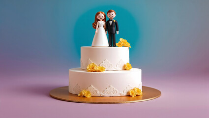 wedding cake with dolls, white wedding cake atop with the sugar dolls of groom bride