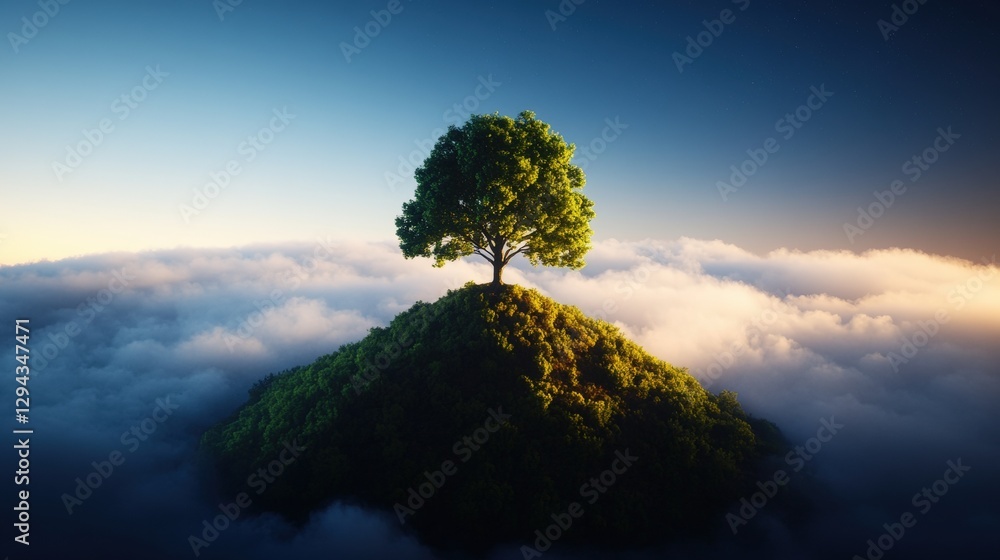 Poster tree on a mountain peak surrounded by clouds and fog in a scenic landscape view