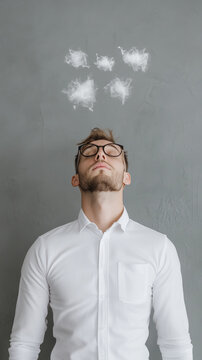 man in white shirt stands with his eyes closed, looking upward, as clouds of thought appear above his head, symbolizing stress management and contemplation