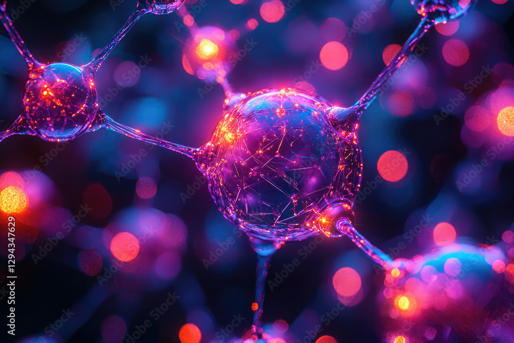 Poster Abstract artwork depicting a vibrant molecular structure with glowing nodes and connections.