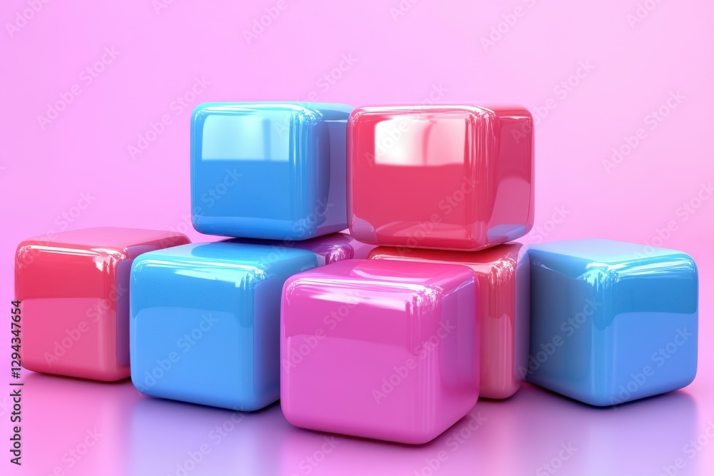 Poster colorful cubes stacked against a pink background creating a playful and vibrant composition with a s