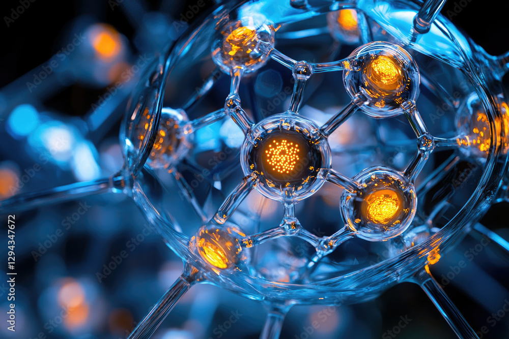 Poster abstract glass structure resembling a molecule or atom with glowing centers, showcasing intricate de