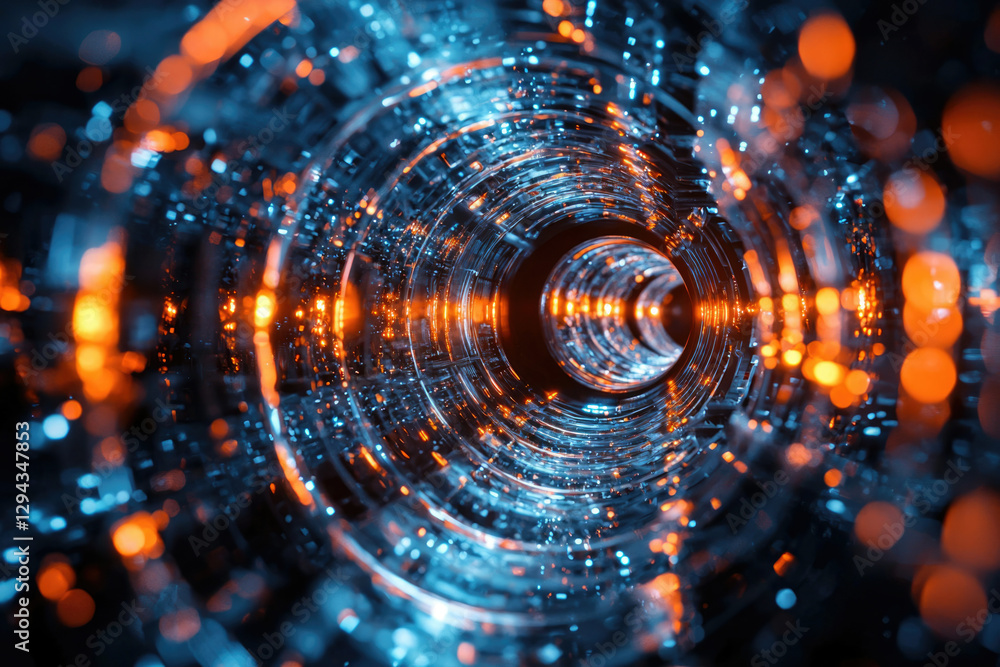 Poster Abstract digital tunnel with glowing orange and blue lights, creating a mesmerizing futuristic effect.
