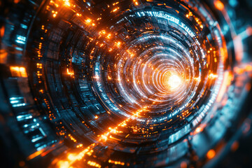 Obraz premium A mesmerizing digital art depicting a swirling, glowing tunnel of vibrant orange and blue hues, showcasing intricate technological details.
