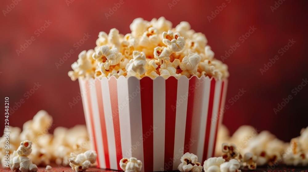 Aufkleber delicious fresh popcorn overflowing from a striped container on a red background in a close up view