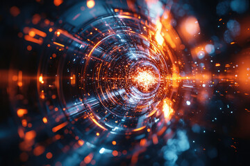 Obraz premium Abstract digital art depicting a swirling vortex of orange and blue light, particles and energy.