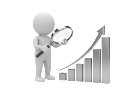 Isolated 3D Man Inspecting Upward Trend in Bar Graph Using Magnifying Glass
