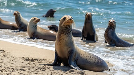 Several sea lions relaxing on a sandy beach near the ocean