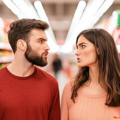 Fototapeta premium Intense discussion between couple in grocery store emotional moment close-up