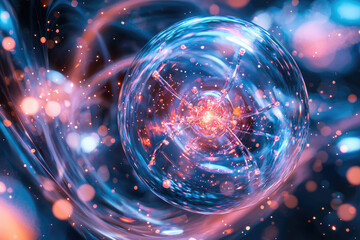Obraz premium A vibrant, glowing orb encapsulates a radiant core, surrounded by swirling cosmic dust and energy.