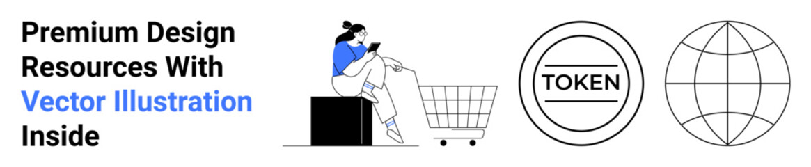 Woman sitting with a smartphone beside a shopping cart, digital token representation, and a globe outline. Ideal for e-commerce, digital currency, global trade, online shopping, fintech, marketplace
