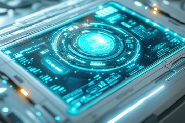 Futuristic interface with glowing cyan circular display showing system data and communication status.