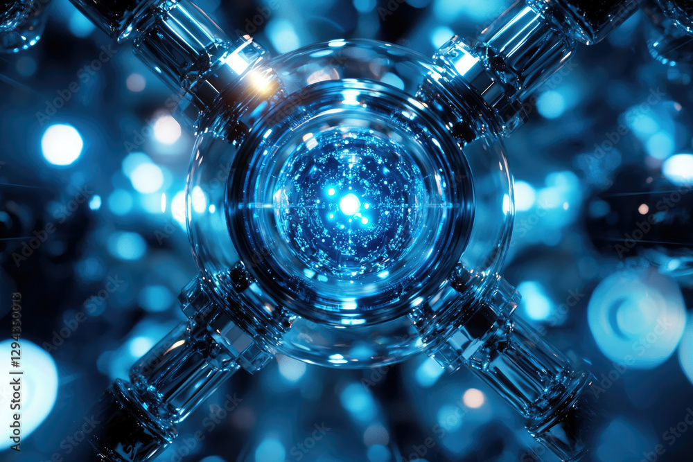 Poster A mesmerizing abstract image depicting a glowing blue sphere encased in intricate metallic structures, suggesting futuristic technology or scientific innovation.