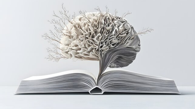 Unfolding Cerebral Enigma An ethereal composition of an open book unfolding into a brain shaped structure with delicate paper branches growing from its pages embodying the wisdom curiosity