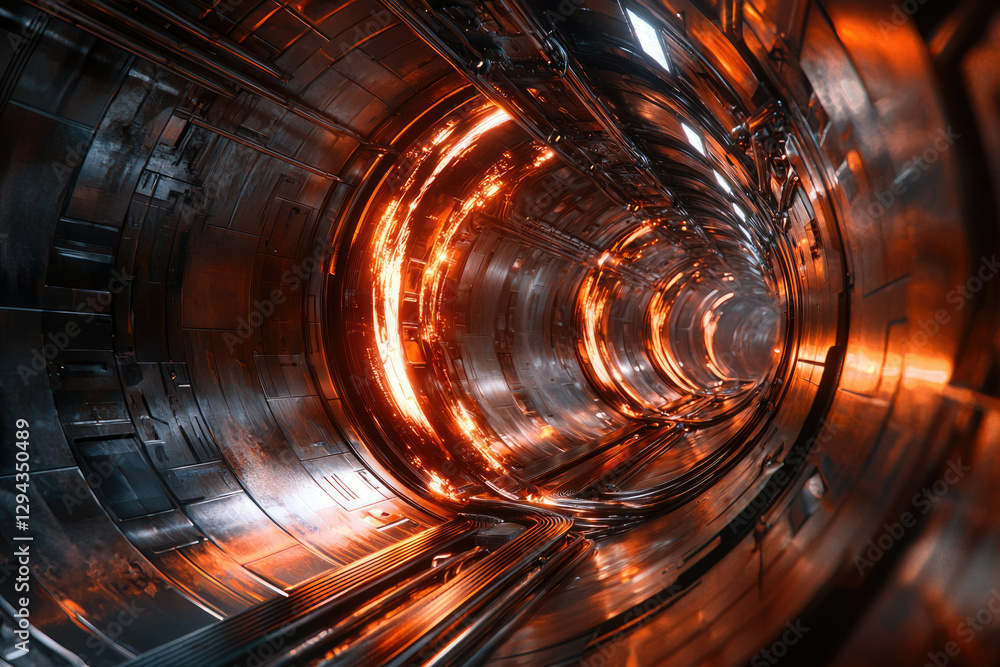 Poster a futuristic metallic tunnel with glowing orange lights, creating a sense of depth and technological
