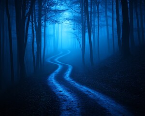 Naklejka premium A winding road through a mysterious misty forest path